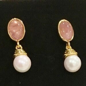 STRAWBERRY QUARTZ PEARL DANGLE EARRINGS 14K GOLD